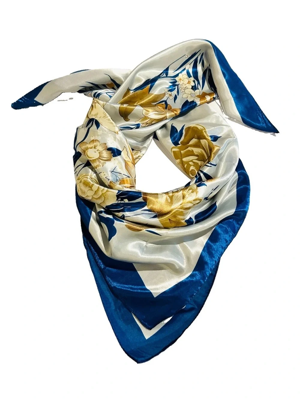 Vintage Blue & Gold Flowers Floral Silky 35